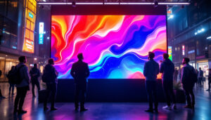 A photograph of a vibrant led display in an engaging urban setting