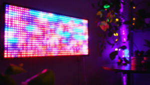 A photograph of capture a photograph of a vibrant custom led light board in a creative setting