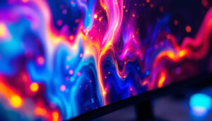 A photograph of a close-up shot of a vibrant led lcd monitor displaying a colorful