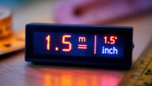 A photograph of a close-up shot of a digital led display showing the conversion of 1.5 meters to inches
