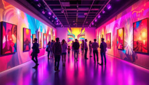 A photograph of capture a photograph of an art gallery showcasing a modern led display hanging system