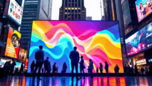 A photograph of capture a photograph of a vibrant led display in a dynamic urban setting