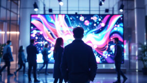 A photograph of a large lcd display screen showcasing vibrant led visuals in an engaging environment