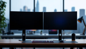 A photograph of a sleek dual desktop monitor stand featuring led displays in a modern workspace