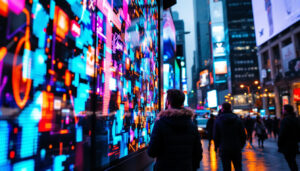 A photograph of a vibrant led display in a dynamic urban setting