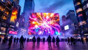 A photograph of a vibrant led display in a dynamic urban setting at dusk