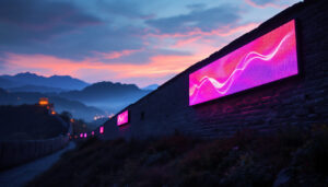 A photograph of capture a photograph of a vibrant led display integrated into a section of the china wall
