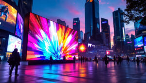 A photograph of a vibrant led display in an urban setting during dusk