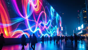 A photograph of a vibrant led display in a bustling urban setting at night
