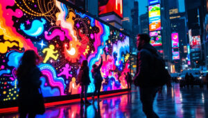 A photograph of a vibrant led display in a dynamic urban setting