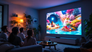 A photograph of a cozy indoor setting featuring a high-quality led projector in use