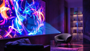 A photograph of a vibrant and visually striking led projector displaying intricate artwork on a textured wall