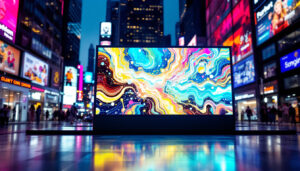 A photograph of a vibrant led display in a dynamic urban setting