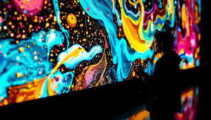 A photograph of a vibrant led display showcasing a stunning piece of fine art