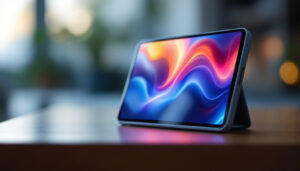 A photograph of a close-up of the uc one touch device showcasing its led display in action