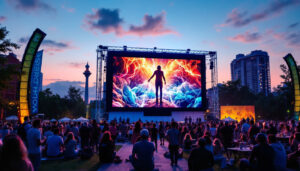 A photograph of capture a photograph of a vibrant outdoor setting featuring a large led display screen showcasing a visually engaging image or video