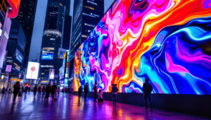 A photograph of a vibrant led display in an urban setting