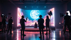 A photograph of a dynamic virtual production set featuring a large led display