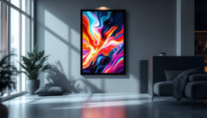 A photograph of a sleek led poster frame displaying vibrant