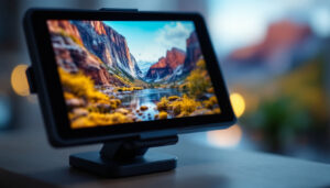 A photograph of a close-up shot of an lcd screen displaying vibrant