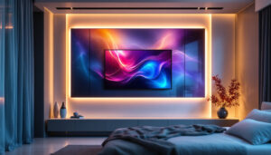 A photograph of a modern bedroom featuring a stylish wall panel design integrated with an led display