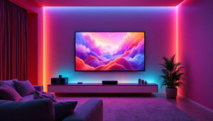 A photograph of a cozy home theater setup featuring walls painted in various shades of color