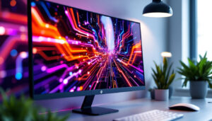 A photograph of capture a photograph of a sleek hp touch screen computer monitor displaying vibrant led graphics