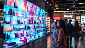 A photograph of a vibrant beauty supply store interior featuring an eye-catching led display showcasing various beauty products