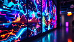 A photograph of capture a photograph of a vibrant led display at a plasma center in las vegas