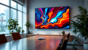 A photograph of capture a photograph of a sleek commercial led flat panel display in a modern office or retail setting