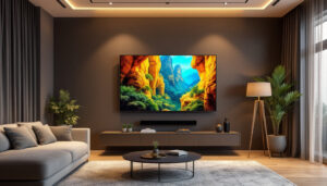 A photograph of capture a photograph of a stylishly arranged living room featuring a 32-inch led wall-mounted tv