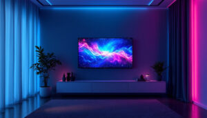 A photograph of a modern room featuring an led display in use