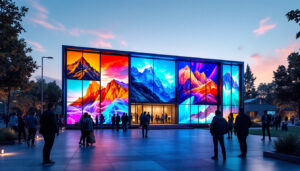 A photograph of a modern modular church building featuring an eye-catching led display
