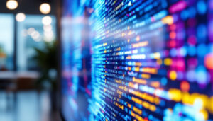 A photograph of a close-up of a vibrant led display showcasing dynamic visuals or text
