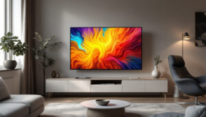 A photograph of a flat screen led tv displaying vibrant visuals in a well-lit living room setting