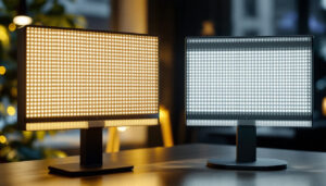 A photograph of a side-by-side comparison of the align extra strength and regular led displays