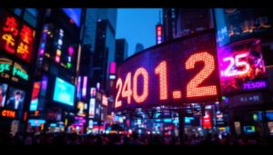 A photograph of a vibrant led display in a bustling urban environment