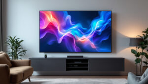 A photograph of a variety of flat panel led screens displaying different sizes and resolutions in a modern living room setting