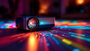 A photograph of a vibrant led projector light in action