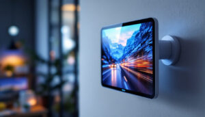 A photograph of a wall-mounted camera showcasing its led display in action
