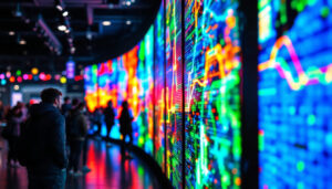 A photograph of a vibrant led display in a dynamic setting