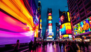 A photograph of a vibrant led display in a bustling urban environment at dusk