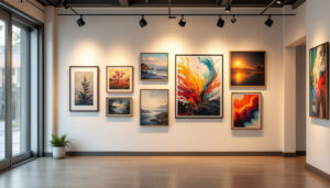 A photograph of a beautifully arranged gallery wall featuring various pieces of art hung at eye level