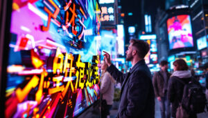A photograph of a vibrant led display showcasing dynamic signage in an urban environment