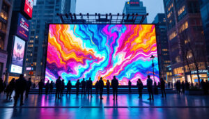 A photograph of a vibrant led display in an urban setting