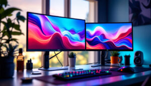 A photograph of a sleek dual monitor setup featuring vibrant led displays in a modern workspace