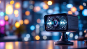 A photograph of a high-definition security camera prominently displayed with its led screen illuminated