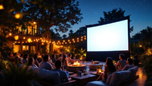 A photograph of a vibrant outdoor setting featuring a large led projector screen in use