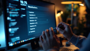 A photograph of capture a photograph of a person adjusting the resolution settings on a computer monitor