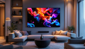 A photograph of a modern living room featuring a large led display as the focal point